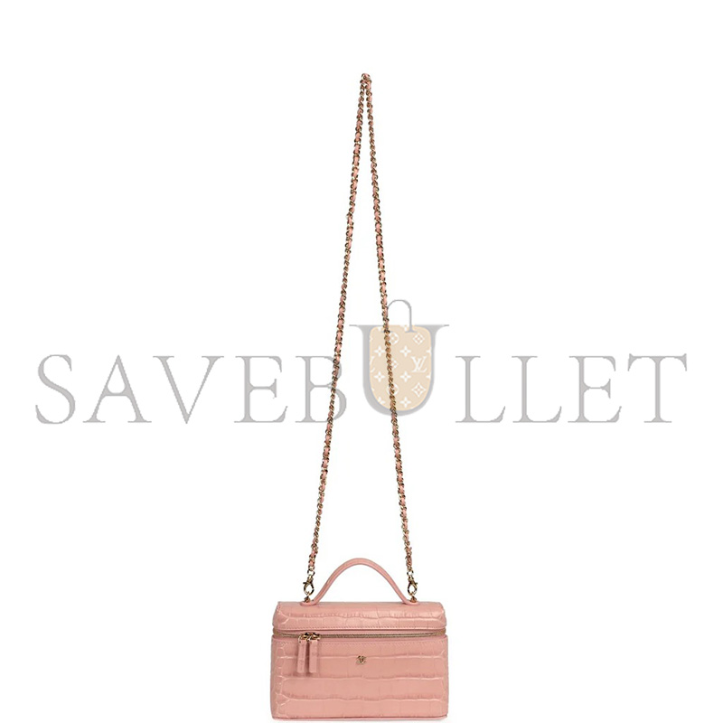 Ch**el MASTER TOP HANDLE LONG VANITY CASE WITH CHAIN PINK CROC EMBOSSED CALFSKIN GOLD HARDWARE (19*14*5cm)